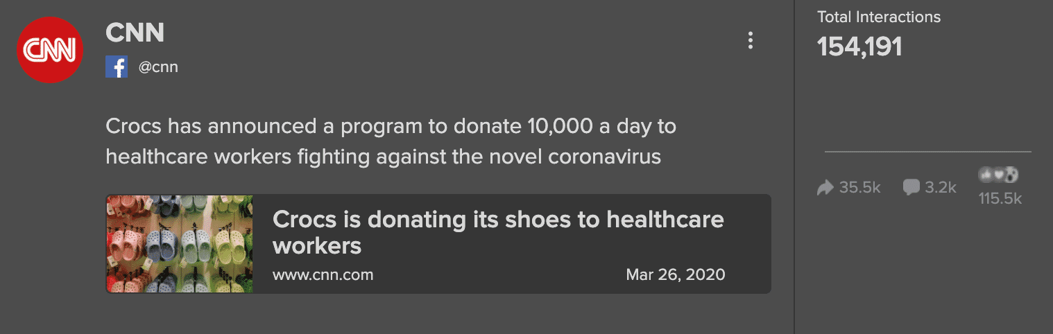 Screenshot of a story about crocs making covid donations