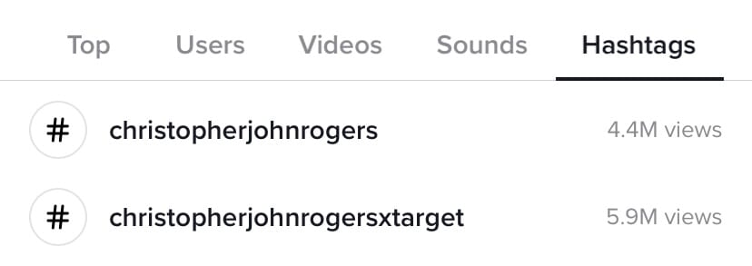 Hashtags showing overall views on Christopher John Rogers on Tik Tok