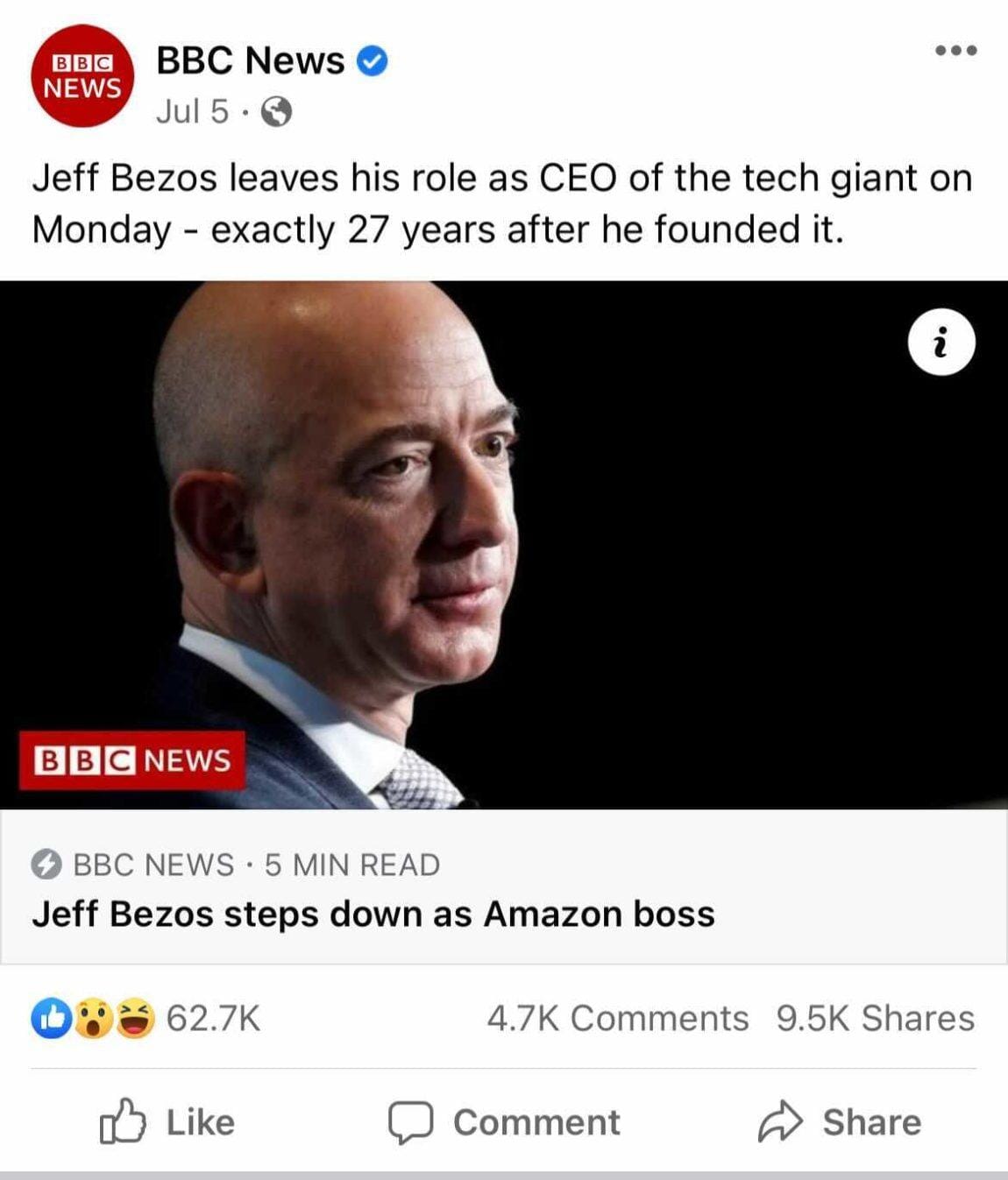 Facebook post about Jeff Bezos leaving his role as CEO